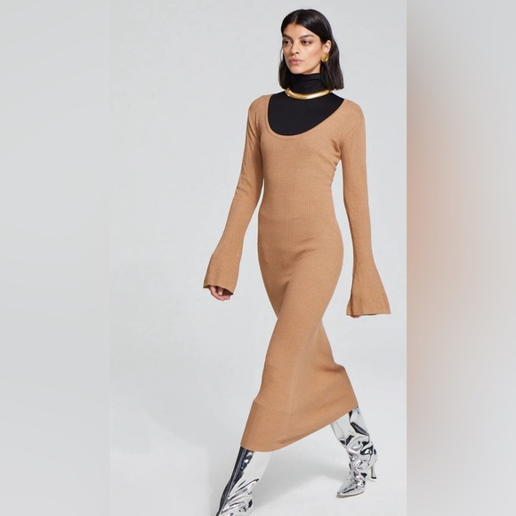 CAROLINE CONSTAS Collections Cassandra Ribbed Knit Dress in Camel Bell sleeves - Picture 5 of 13